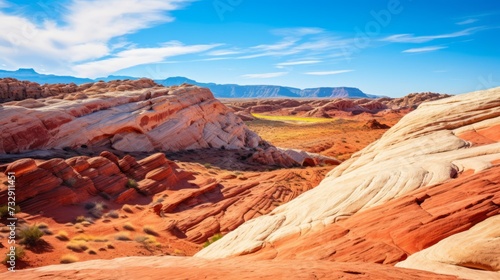 A rocky desert landscape with colorful sandstone formations © Cloudyew