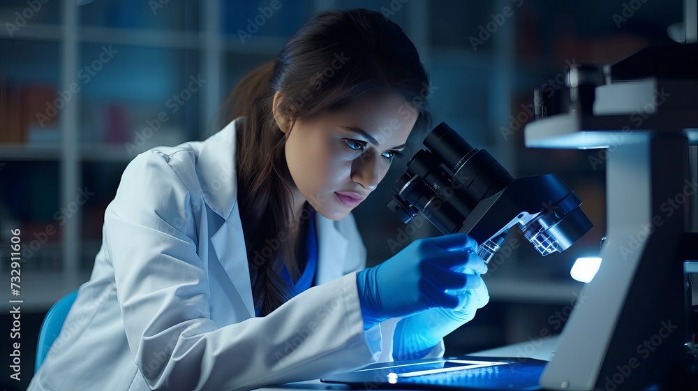 Science, microscope and innovation with a woman in a laboratory for medical research or experiment. Healthcare, medicine and a young indian engineer working in a lab for pharmaceutical Science, microscope and innovation with a woman in a laboratory for medical research or experiment. Healthcare, medicine and a young indian engineer working in a lab for pharmaceutical