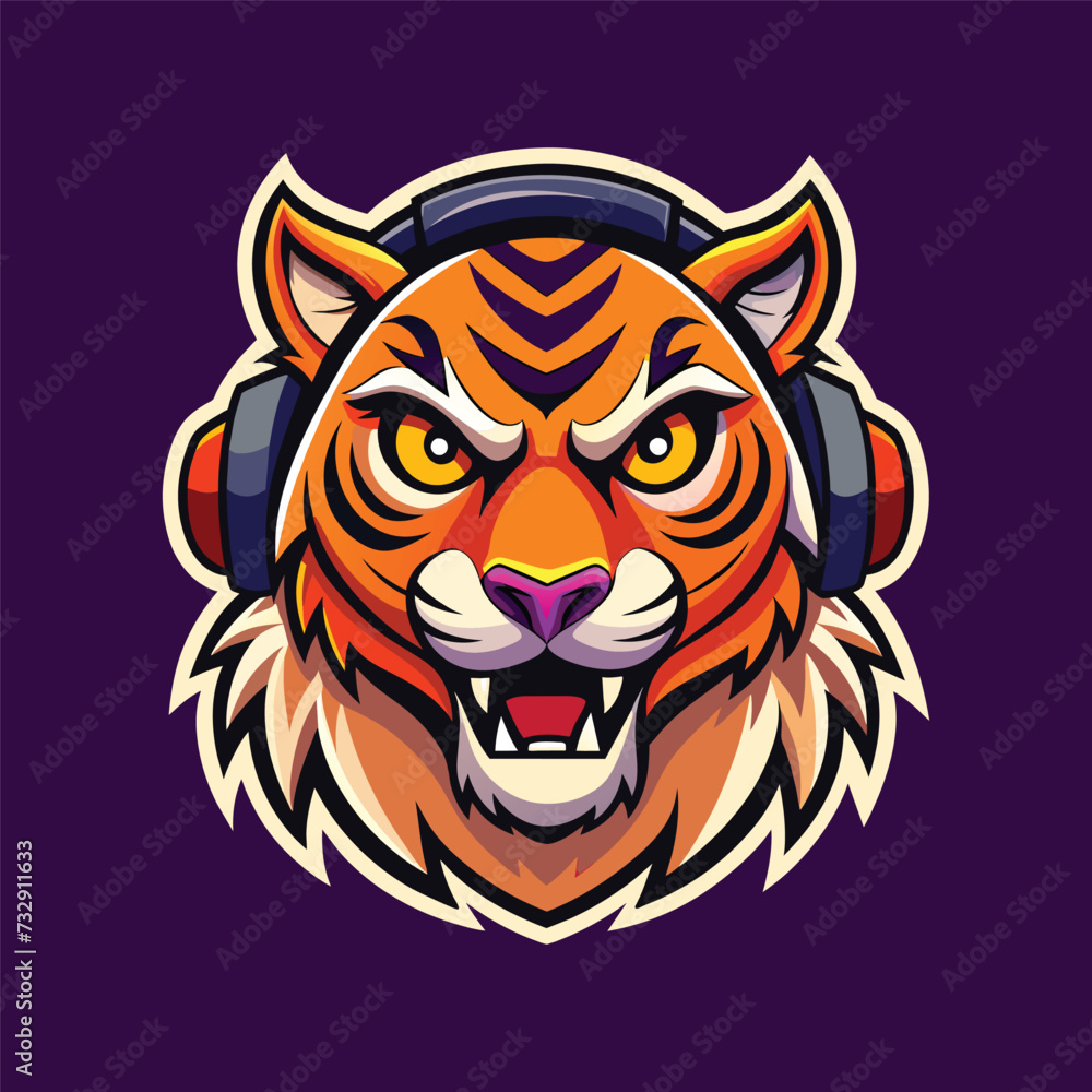 Fototapeta premium tiger head mascot for gaming e-sport logo. cartoon tiger wearing a headphone vector illustration