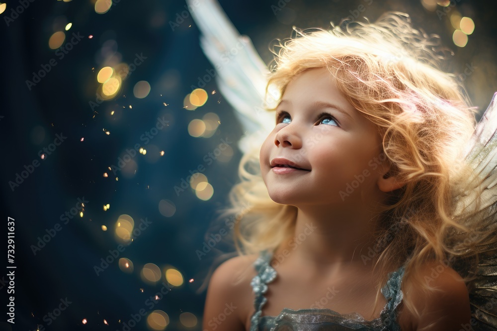 Bokeh lights forming a celestial backdrop for the angelic sweetness. Bokeh lights forming a celestial backdrop for the angelic sweetness.