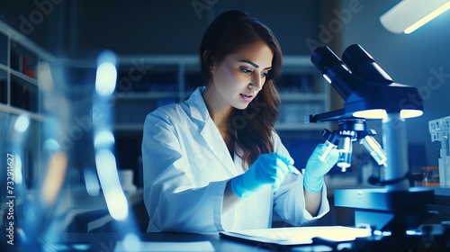 Science, microscope and innovation with a woman in a laboratory for medical research or experiment. Healthcare, medicine and a young indian engineer working in a lab for pharmaceutical