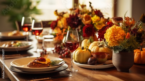 A thanksgiving table adorned with autumnal decor