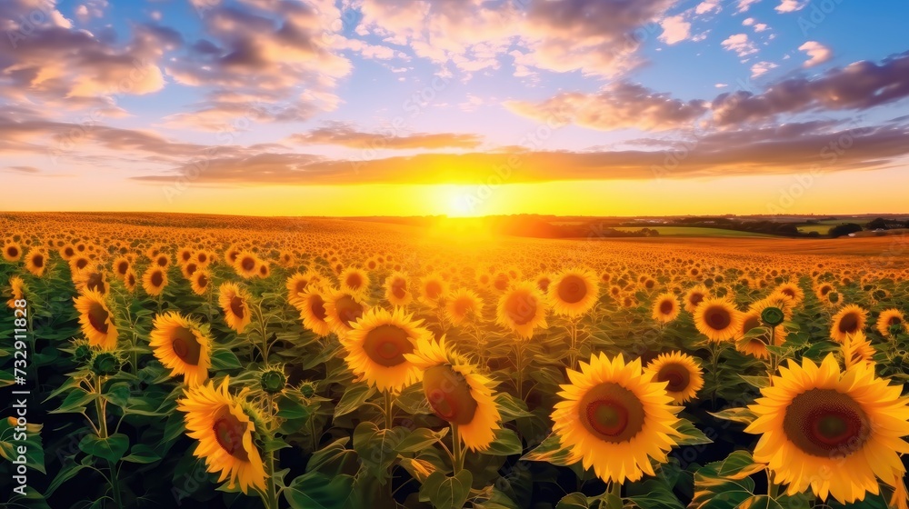 Fototapeta premium A field of blooming sunflowers, sweeping panorama, 