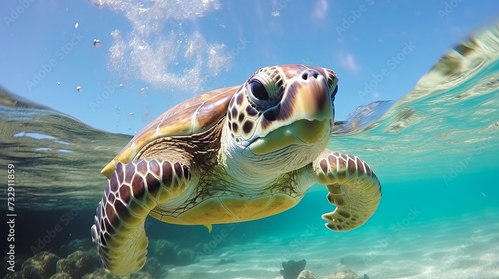 Obraz premium Sea turtles swims underwater. Underwater sea turtles. Sea turtles underwater scene. Sea turtle underwater closeup