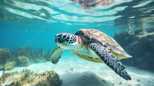 Sea turtles swims underwater. Underwater sea turtles. Sea turtles underwater scene. Sea turtle underwater closeup