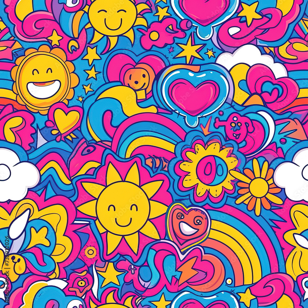 Fototapeta premium Hippie peace and love colorful cartoon doodles 1970s 1960s 60s groovy rainbow psychedelic cute abstract repeat pattern