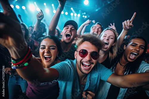 A group of excited music fans looking into the camera at a concert singing and dancing