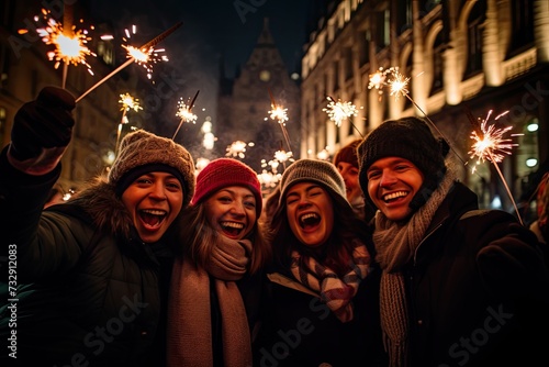 A group of people smiling and holding sparklers stock photo, in the style of blurred, luxurious, photo,