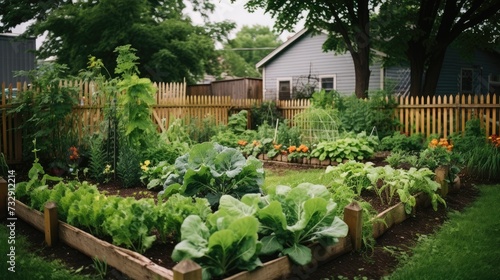 A lush, green vegetable garden with a variety of plants and a small wooden fence
