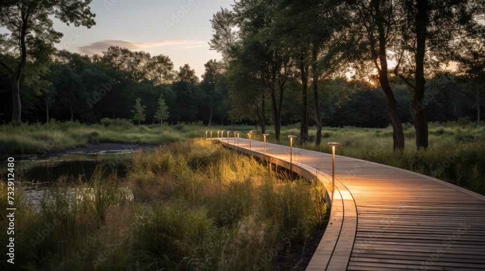 A raised timber boardwalk through long grass and trees, with bollard lighting,