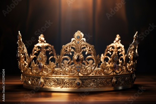 A shiny golden crown with intricate floral patterns, split lighting, Impressionism,
