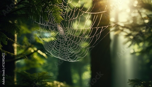 Beautiful spider web with dew drops in the forest at sunrise