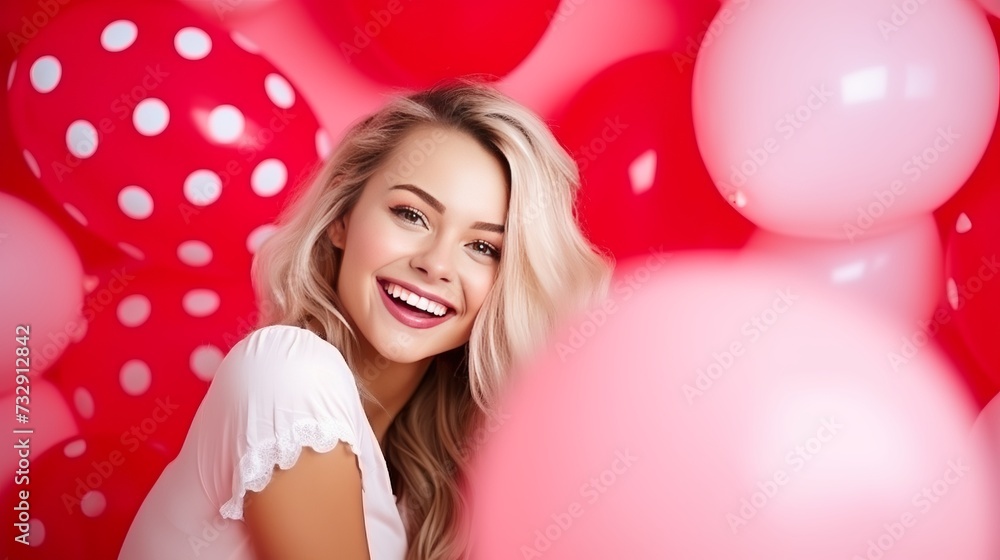 Valentine Beauty girl with red and pink air balloons laughing, on pink polka dots background. Beautiful Happy Young woman. holiday party. Joyful model posing, having fun, celebrating Valentine Beauty girl with red and pink air balloons laughing, on pink polka dots background. Beautiful Happy Young woman. holiday party. Joyful model posing, having fun, celebrating