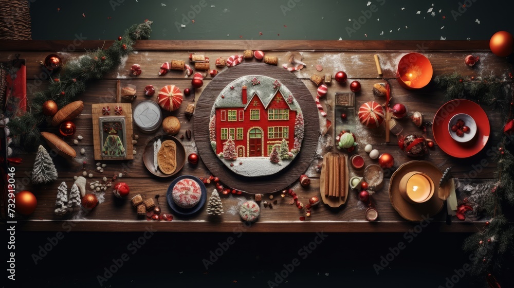 Top view of creative christmas scene with carefully curated decor.