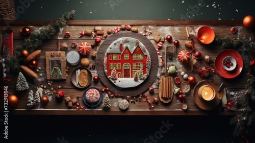 Top view of creative christmas scene with carefully curated decor.