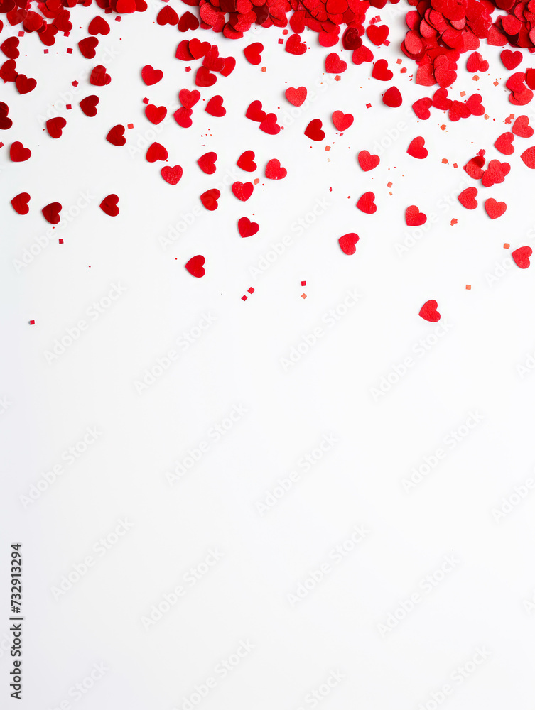 confetti on fence white background. Valentines day background. Flat lay, top view