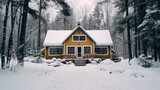 Cozy cabin style pension nestled in a picturesque forest, perfect for a winter getaway