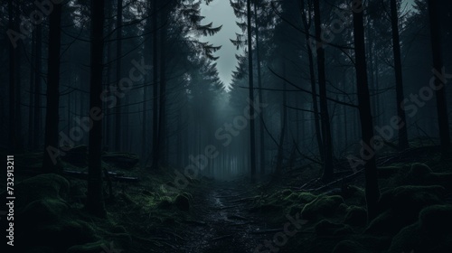 Dark and moody forest in the evening