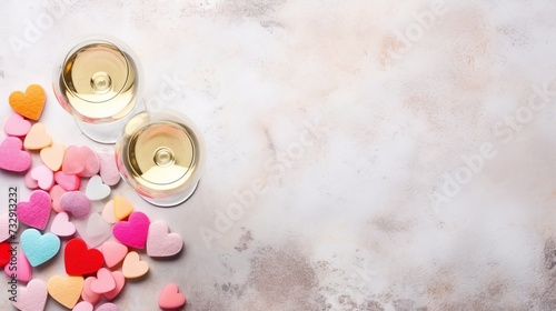 Valentine's day greeting card with champagne glasses and candy hearts on stone background. Top view with space for your greetings. Flat lay