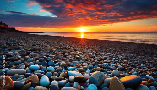 Sunset view on the beach full of pebbles