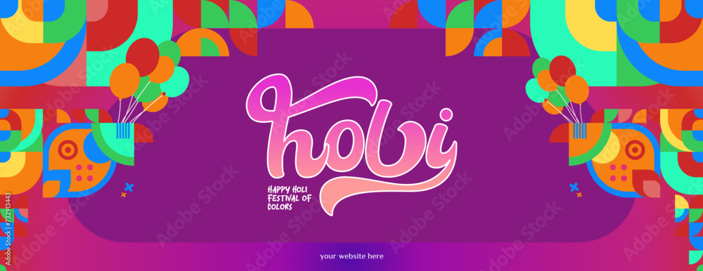 Happy Holi Festival Of Colors banner in colorful modern geometric style. Holi Festival greeting card cover with typography. Vector illustration background