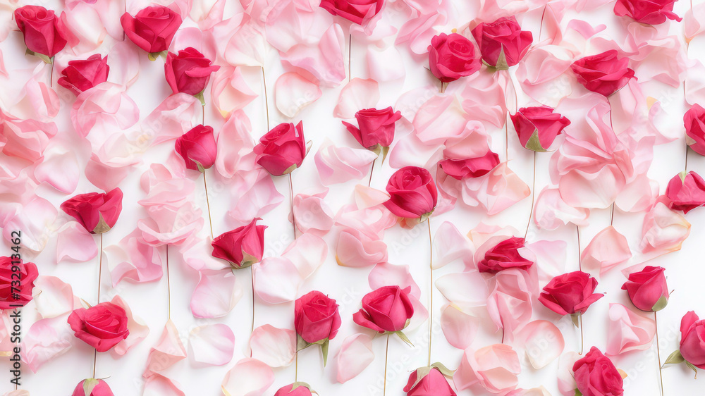 Fototapeta premium red rose flowers confetti on fence white background. Valentines day background.