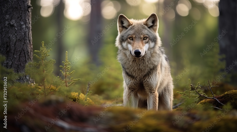 Naklejka premium Wolf in the nature habitat. Wild animal in the Finland taiga. Wildlife nature, Europe. Wolf from Finland. Gray wolf, Canis lupus, in the spring light, in the forest with green leaves.