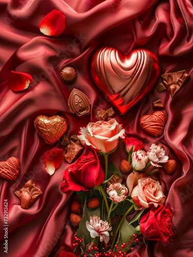 Valentine's Day. Flowers and Chocolates composition. Valentines day background