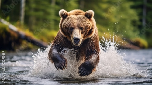 Ferocious grizzly bear emerging from a river © Cloudyew