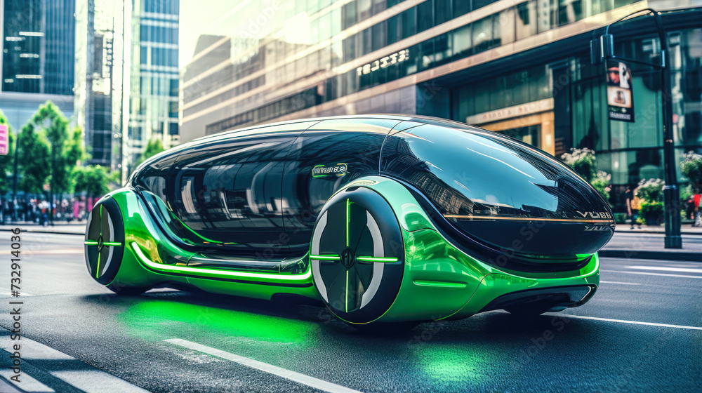 Future Car: A Futurtic andleek Photo of a Light Green and Black Autonomo Vehicle in amart City