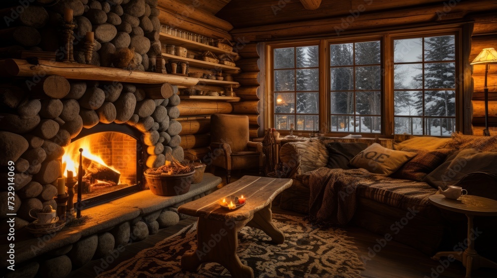 Rustic pension featuring a warm fireplace for a cozy retreat in the woods