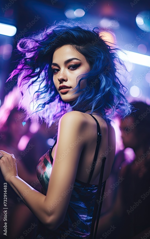 A young and pretty asian woman dancing in nightclub, with blue hair, 