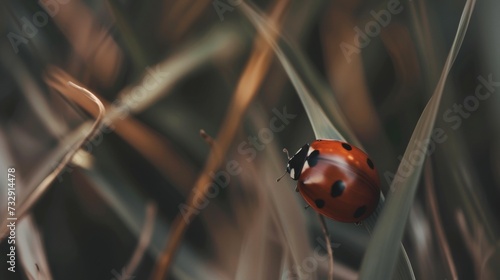 Close-up Macro Shot of Ladybug on Blade of Grass
