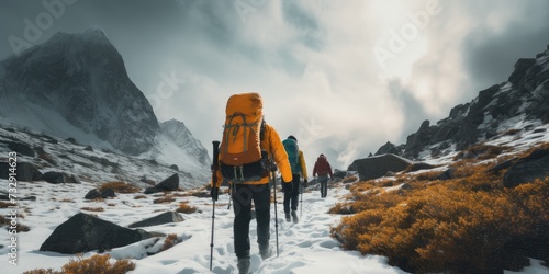Adventurers trekking through a snowy mountain pass wearing backpacks ,incredibly detailed, 