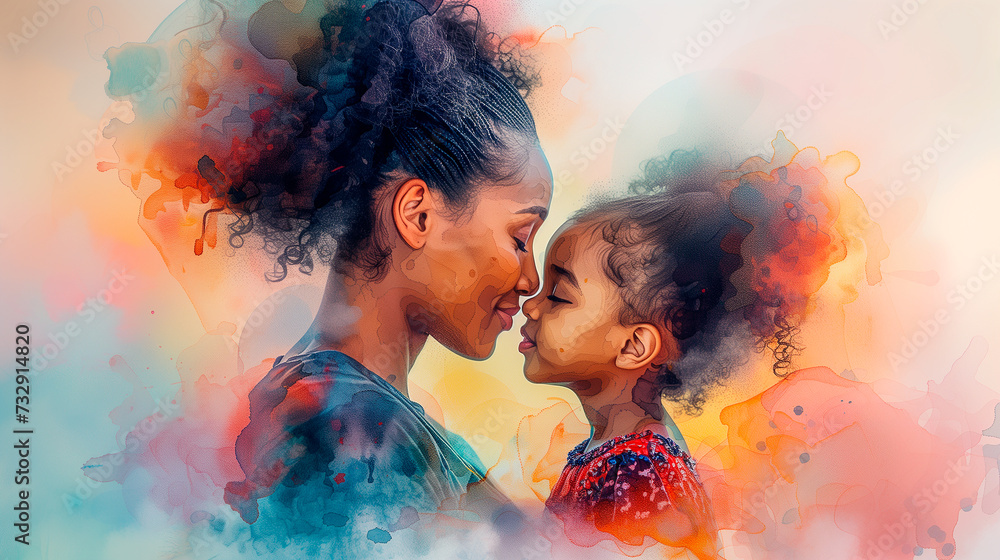 Watercolor of African American mother and little daughter isolated. Mother's Day concept