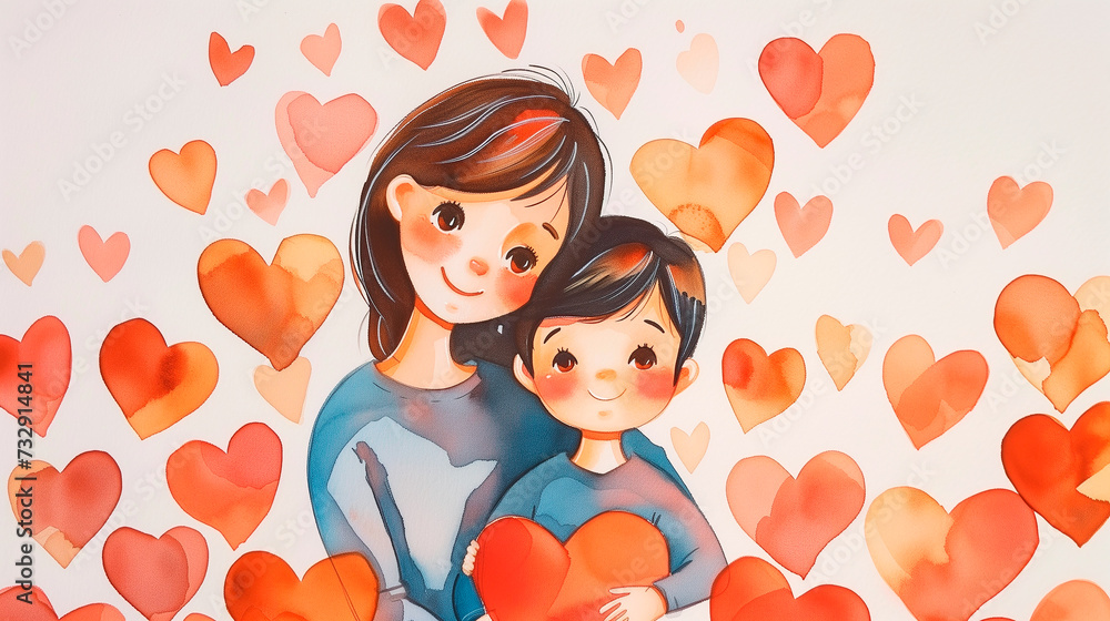 Watercolor of mother and child surrounded by hearts. White background. Mother's day concept Watercolor of mother and child surrounded by hearts. White background. Mother's day concept