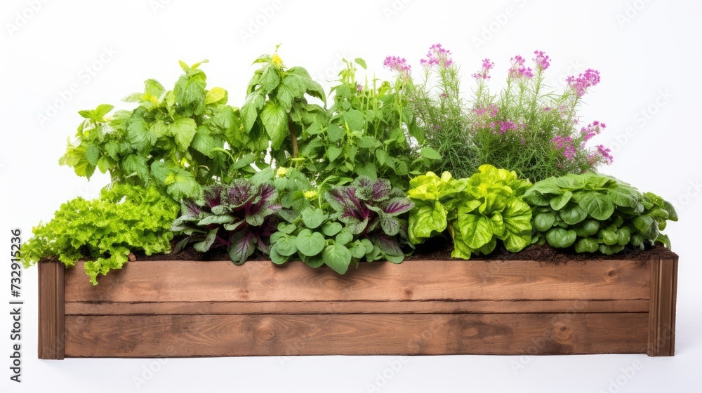 Fototapeta premium Capture a product photo of a wooden raised garden bed filled with vibrant and lush plants.