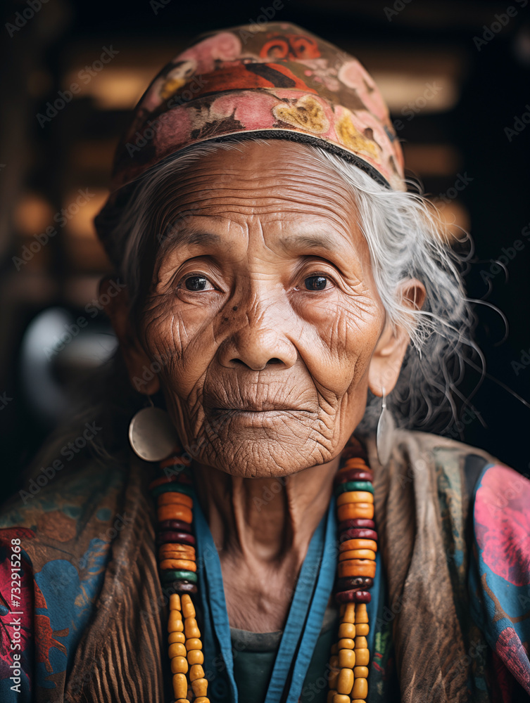 Elderly indigenous woman with white hair wear Native dress