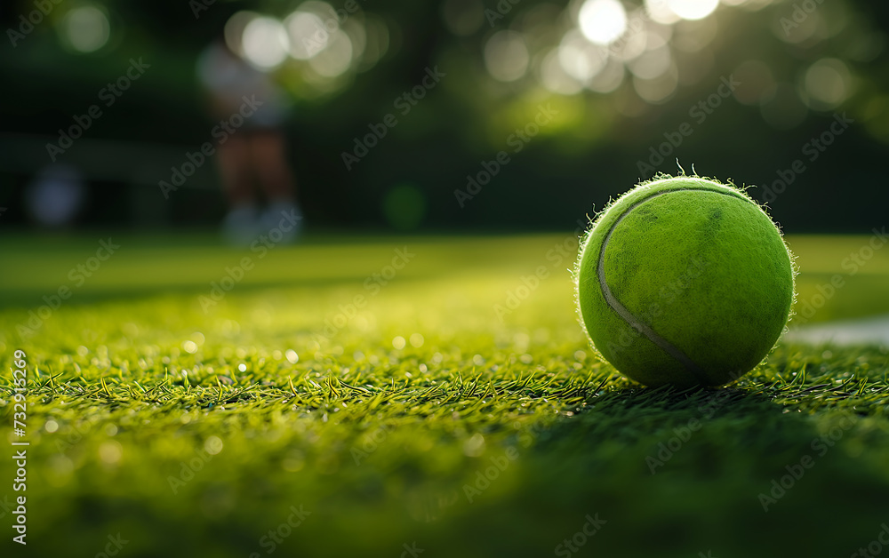tennis ball on green grass court with light from behind in the morning, blurred player in background