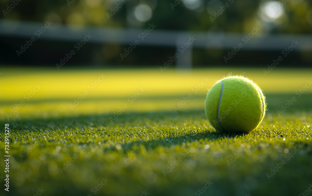 tennis ball on green grass court with light from behind in the morning