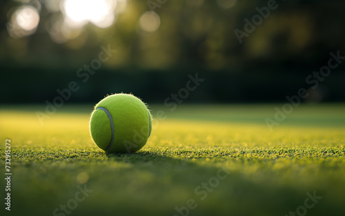 tennis ball on green grass court with light from behind in the morning © angyim