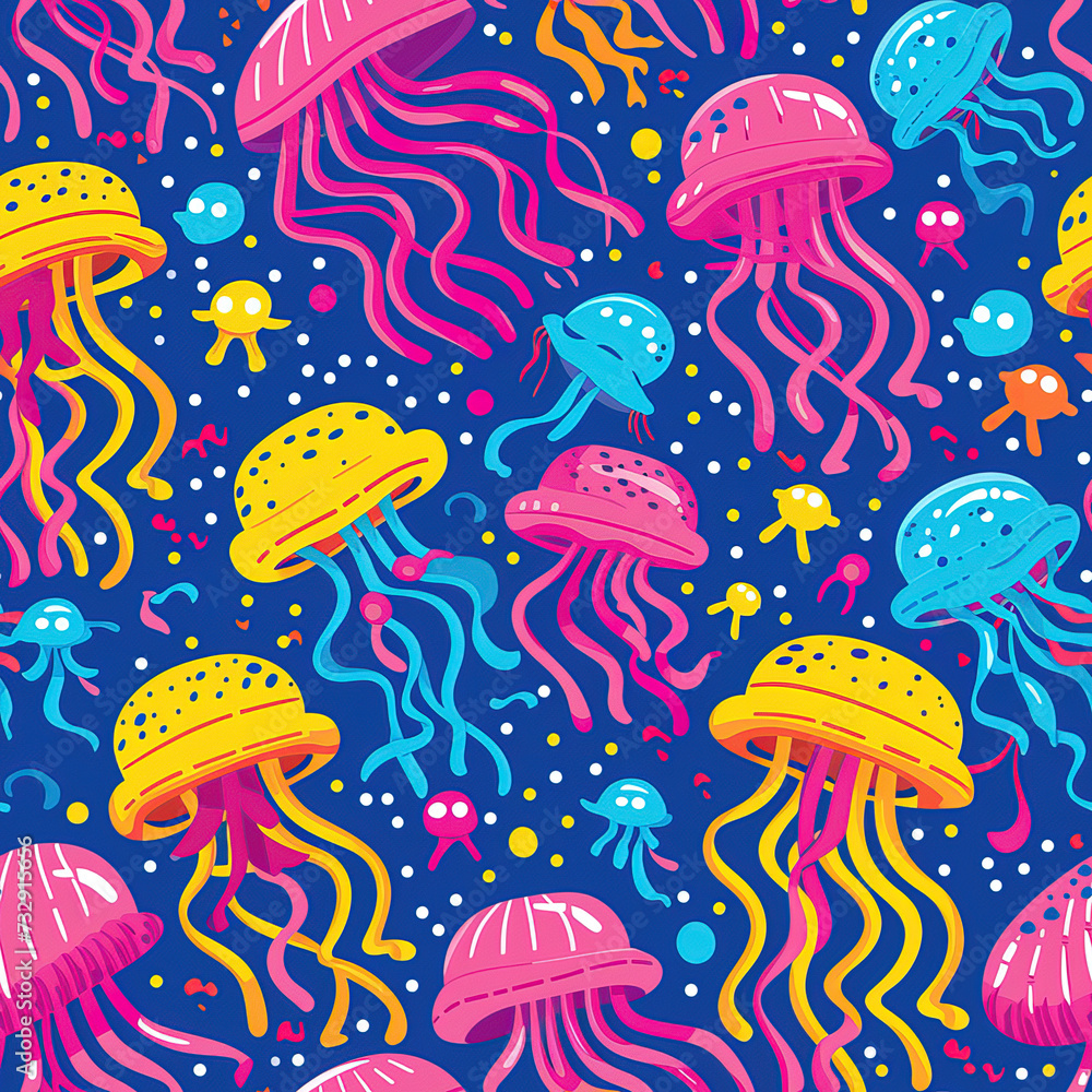 Jellyfish colorful cartoon underwater repeat pattern artsy pop art, medusa repetitive