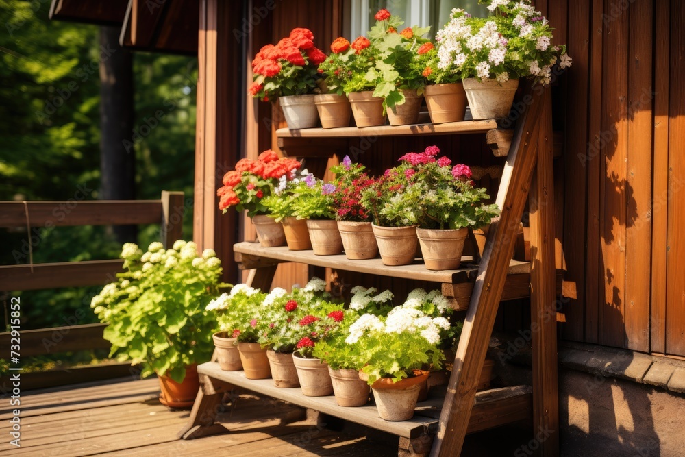 Design a wooden window with multiple tiers to accommodate flower pots