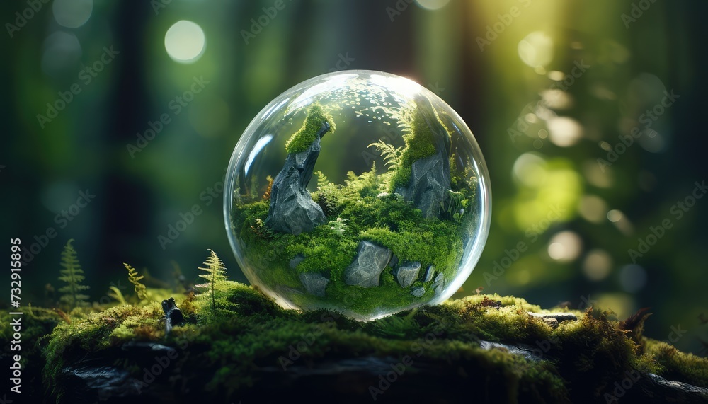 crystal globe on moss in a forest