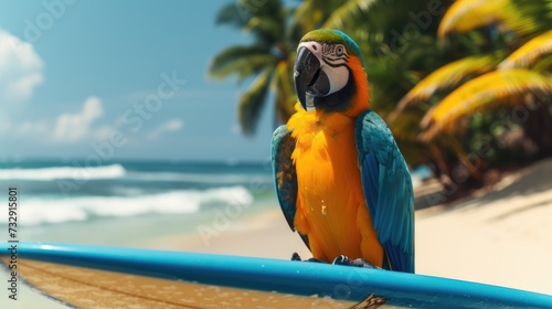 A cute parrot surfer enjoys a fun-filled summer day at the beach, riding waves with enthusiasm, Ai Generated.