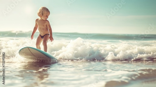 A cute kid surfer enjoys a fun-filled summer day at the beach, riding waves with enthusiasm, Ai Generated. © Crazy Juke