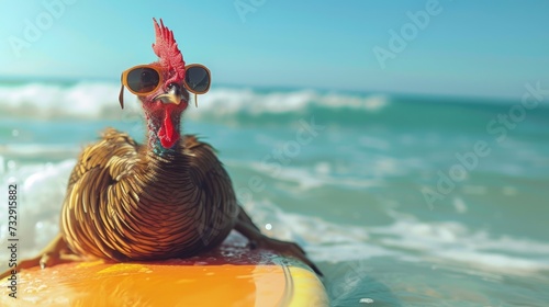 Fototapeta Naklejka Na Ścianę i Meble -  A cute turkey surfer enjoys a fun-filled summer day at the beach, riding waves with enthusiasm, Ai Generated.