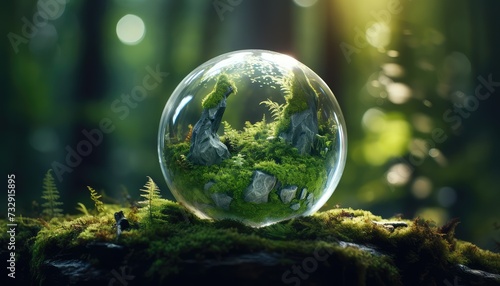 crystal globe on moss in a forest