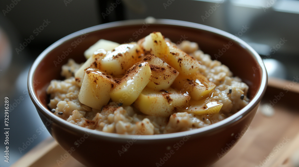 oatmeal with diced apples and cinnamon. oatmeal with diced apples and cinnamon.