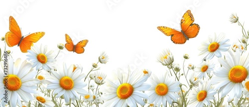Delicate daisies and graceful butterflies form a charming frame or border, seamlessly adorning backgrounds, Ai Generated.